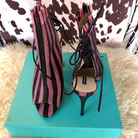 Zara Black / Pink Fuchsia woven mesh striped fringe slingback heel sandals NWT - Picture 5 of 13